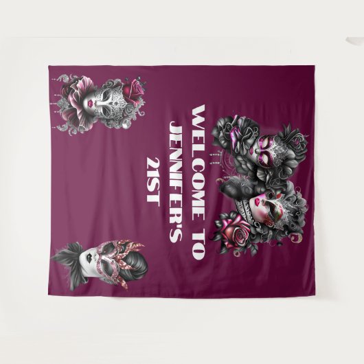 Masquerball rosa schwarze silberne Masken fuchsia Wandteppich (Vorderseite (Horizontal))