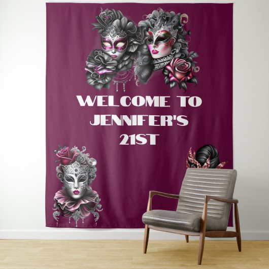 Masquerball rosa schwarze silberne Masken fuchsia Wandteppich (Beispiel)