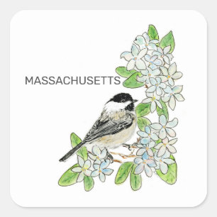 Massachusetts-Aufkleber für Vögel und Blume Quadratischer Aufkleber