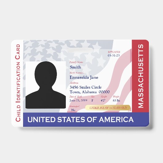 MASSACHUSETTS - Kind-ID - USA-Flaggenrahmen Ausweis (Vorderseite)