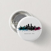 Massachusetts-Kunst | Boston MA Skyline Aquarell Button (Vorne & Hinten)