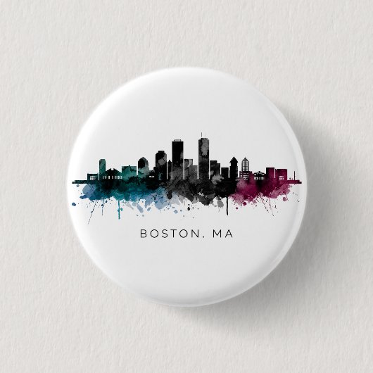 Massachusetts-Kunst | Boston MA Skyline Aquarell Button (Vorderseite)