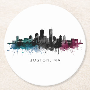 Massachusetts-Kunst   Boston MA Skyline Aquarell Runder Pappuntersetzer