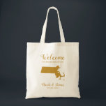 Massachusetts Map Wedding Welcome Bag Tasche, Gold Tragetasche<br><div class="desc">Hochzeitswochenende Begrüßungsgeschenktasche für Gäste aus der Stadt,  um Ihre Hochzeit,  mit dem Bild von Massachusetts,  mit Herz können Sie an der genauen Lage. Fülle die Tasche mit deinen Lieblingsgoodies.</div>