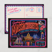 Massachusetts Neon State Retro Vintage Postkarte (Vorne/Hinten)
