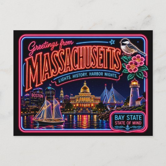 Massachusetts Neon State Retro Vintage Postkarte (Vorderseite)