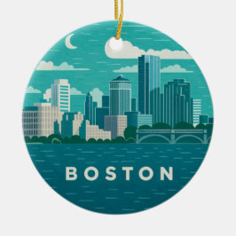 Massachusetts Night Cityscape | Boston City Keramik Ornament