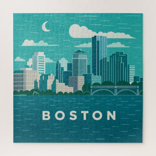 Massachusetts Night Cityscape | Boston City Puzzle (Vertikal)