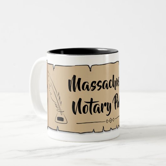 Massachusetts Notary Public Scroll Feather Quill Zweifarbige Tasse (Vorderseite Links)