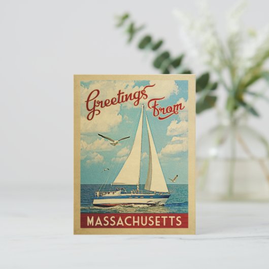 Massachusetts Postcard Sailboat Vintage Reise Postkarte (Stehend Vorderseite)