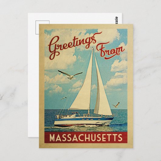 Massachusetts Postcard Sailboat Vintage Reise Postkarte (Vorne/Hinten)