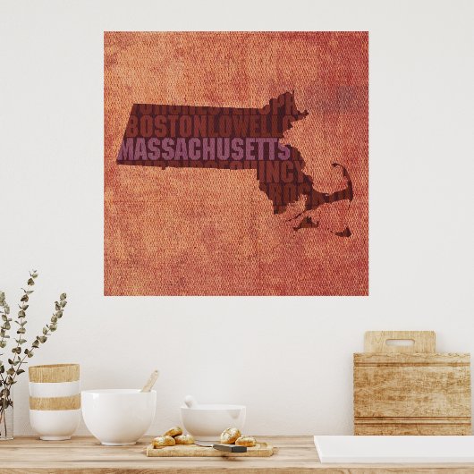 Massachusetts Staat Kontur Word Karte auf Leinwand Poster (Küche)