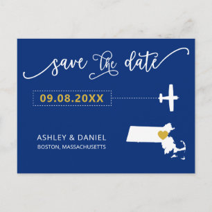 Massachusetts Wedding Save the Date Map Postcard Postkarte