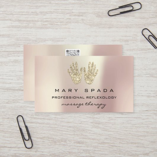 Massage Reflexologie Glitzer Hände Rose Gold QRCOD Visitenkarte (Vorderseite/Rückseite Beispiel)