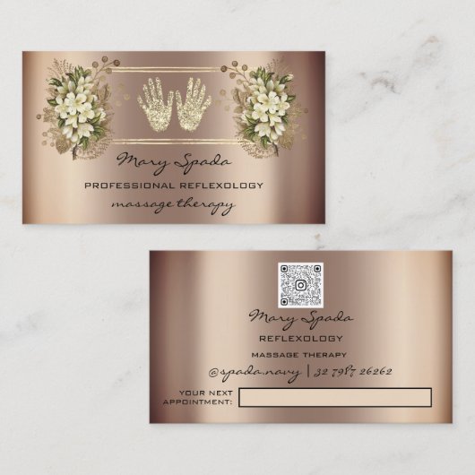 Massage Reflexologie Reiki Hands Rose Gold QRFlora Visitenkarte (Vorne/Hinten)