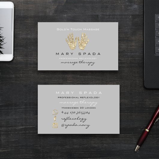 Massage Reflexology Glitzer Hands Reiki Gray Gold Visitenkarte
