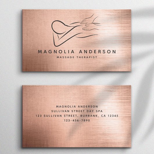 Massage Therapeutin Rose Gold Foil Brushed Metal Visitenkarte