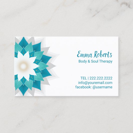 Massage Therapie Aquamarin Lotus Blume Yoga Wellne Visitenkarte (Vorderseite)