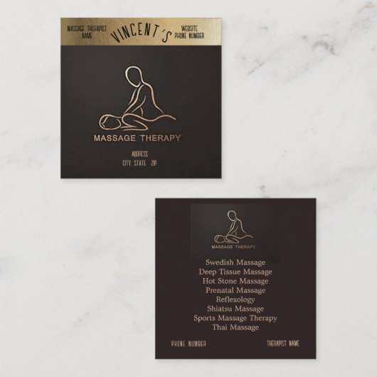 Massage Therapie Gold & Black Business Card Quadratische Visitenkarte (Vorne/Hinten)