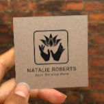 Massage Therapie Lotus Heilhandschuhe Vintage Kraf Quadratische Visitenkarte<br><div class="desc">Massage Therapy Heilung Hands & Lotus Blume Rustic Kraft Wellness-Center Business Cards.</div>