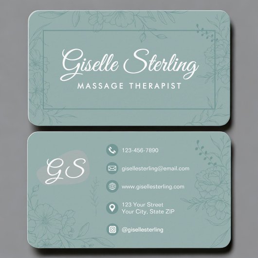 Massage Therapist Green Teal Floral  Visitenkarte