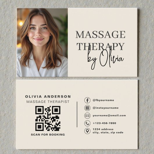 Massage Therapist Neutral Beige Photo QR Code Visitenkarte