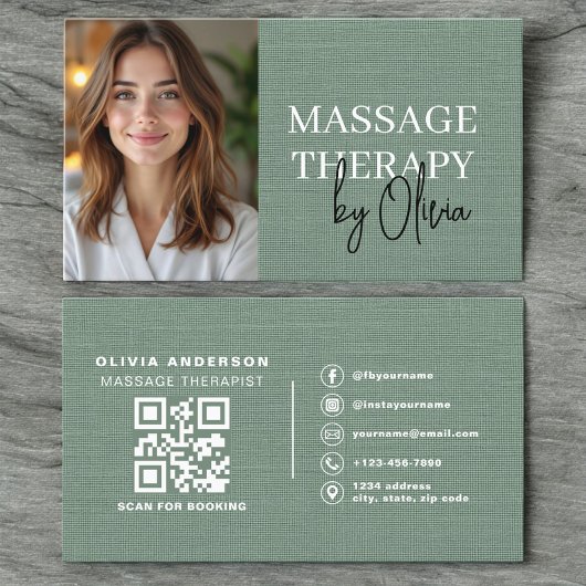 Massage Therapist Photo Linen Sage Green  Visitenkarte