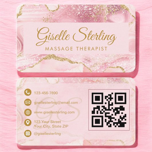 Massage Therapist Pink Gold Agate QR Code Visitenkarte