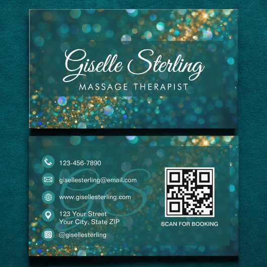 Massagetherapeut Aquamarin Gold Glitzer Opal QR Co Visitenkarte