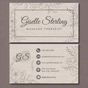 Massagetherapeut Beige Leinen Florale Linienkunst Visitenkarte