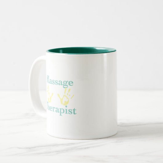 Massagetherapeut: Gelbe Handdrucke Zweifarbige Tasse (Vorderseite Links)