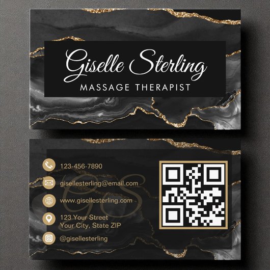 Massagetherapeut Künstler QR Code Black Gold Agate Visitenkarte