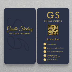 Massagetherapeut Monogram Navy Blue Gold QR Code Visitenkarte