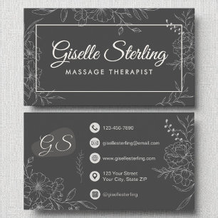 Massagetherapeut Moody Charcoal Gray Floral Visitenkarte