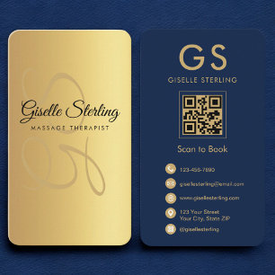 Massagetherapeut Navy Blue Gold QR Code Monogram Visitenkarte