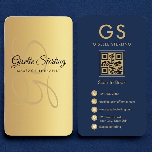 Massagetherapeut Navy Blue Gold QR Code Monogram Visitenkarte