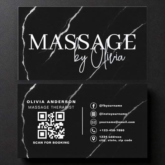Massagetherapeut QR Code Silver Black Marble Visitenkarte
