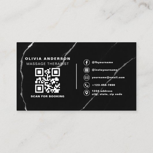 Massagetherapeut QR Code Silver Black Marble Visitenkarte (Rückseite)