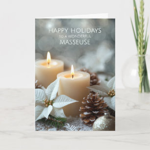 Masseuse Weihnachtskerzen und weiße Weihnachtsster Feiertagskarte