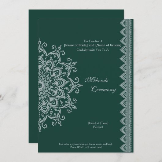 Maßgeschneidert Metallic Silver Emerald Mehendi In Einladung (Vorne/Hinten)