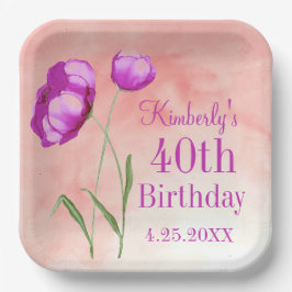 Maßgeschneiderte 40. Geburtstag-Helle Pink-Blume Pappteller