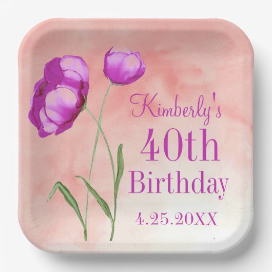 Maßgeschneiderte 40. Geburtstag-Helle Pink-Blume Pappteller (Vorderseite)