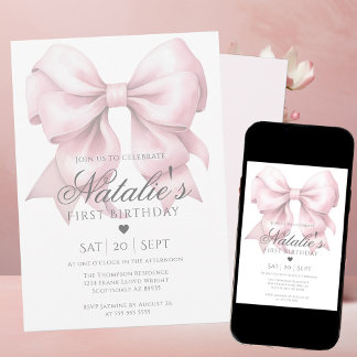 Maßgeschneiderte Aquarellfarbe Rosa Bow 1. Geburts Einladung