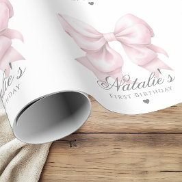 Maßgeschneiderte Aquarellfarbe Rosa Bow 1. Geburts Geschenkpapier