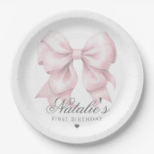 Maßgeschneiderte Aquarellfarbe Rosa Bow 1. Geburts Pappteller (Vorderseite)