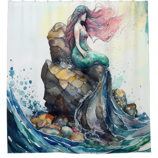Maßgeschneiderte Aquarellmaid auf einem Felsen im  Duschvorhang (Vorderseite)