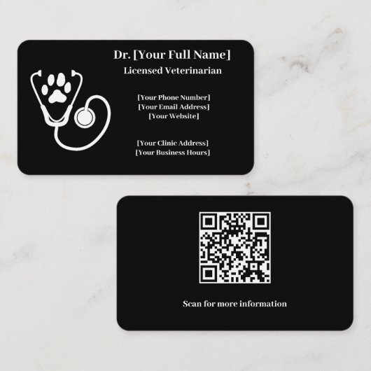 Maßgeschneiderte Black Veterinary Business Card QR Visitenkarte (Vorne/Hinten)