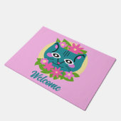 Maßgeschneiderte blaue Katze mit rosa Blume Türmat Fußmatte (Schrägansicht)