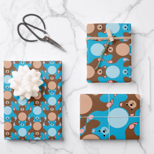 Maßgeschneiderte Blue Brown Teddy Bären Tesselung Geschenkpapier Set (Vorderseite)