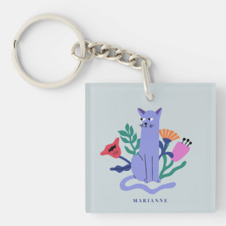 Maßgeschneiderte Blue Russian Cat & Matisse Blume Schlüsselanhänger